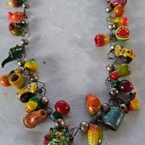 Rare Vtg MEXICAN HARVEST Wedding beads Necklace pottery handpaint fruits animals